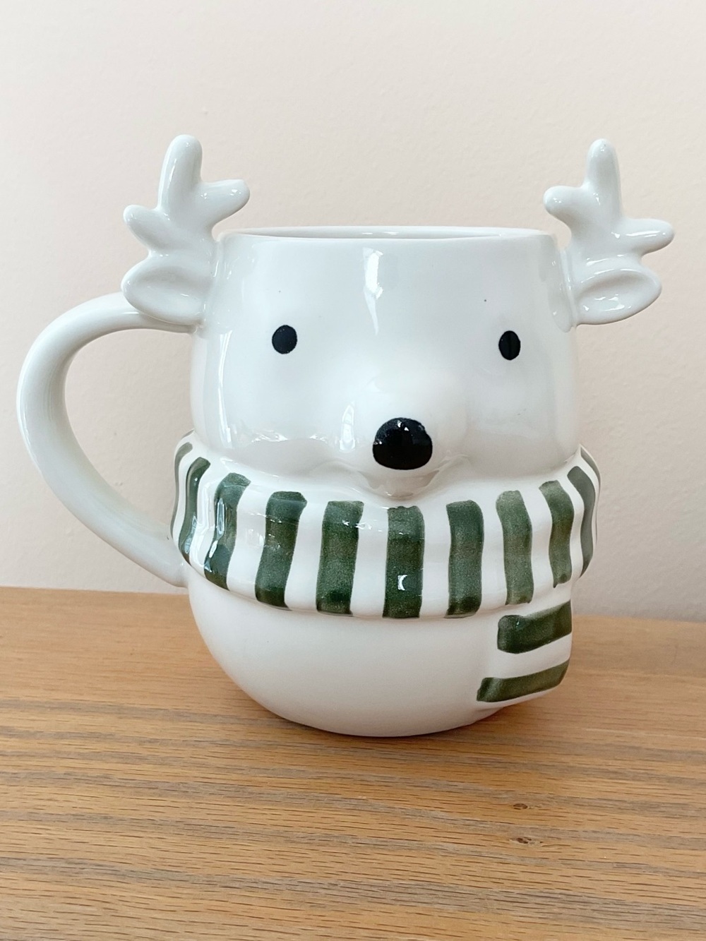 Crate & Barrel Snowy Reindeer Mug Christmas Green Scarf Holiday Coffee Cup